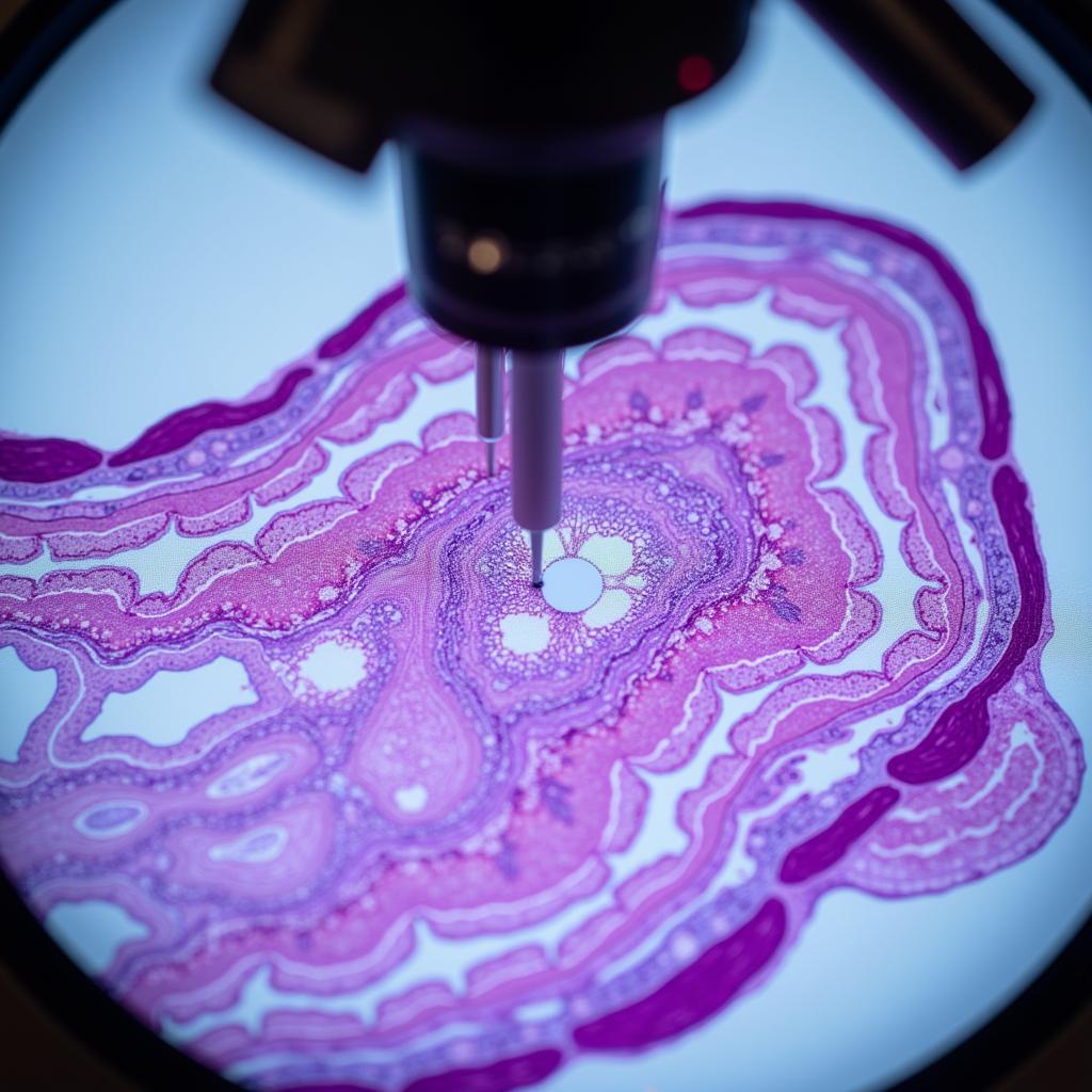 Methodist Hospital Pathology Tissue Analysis - Close-up view of a stained tissue sample under a microscope.