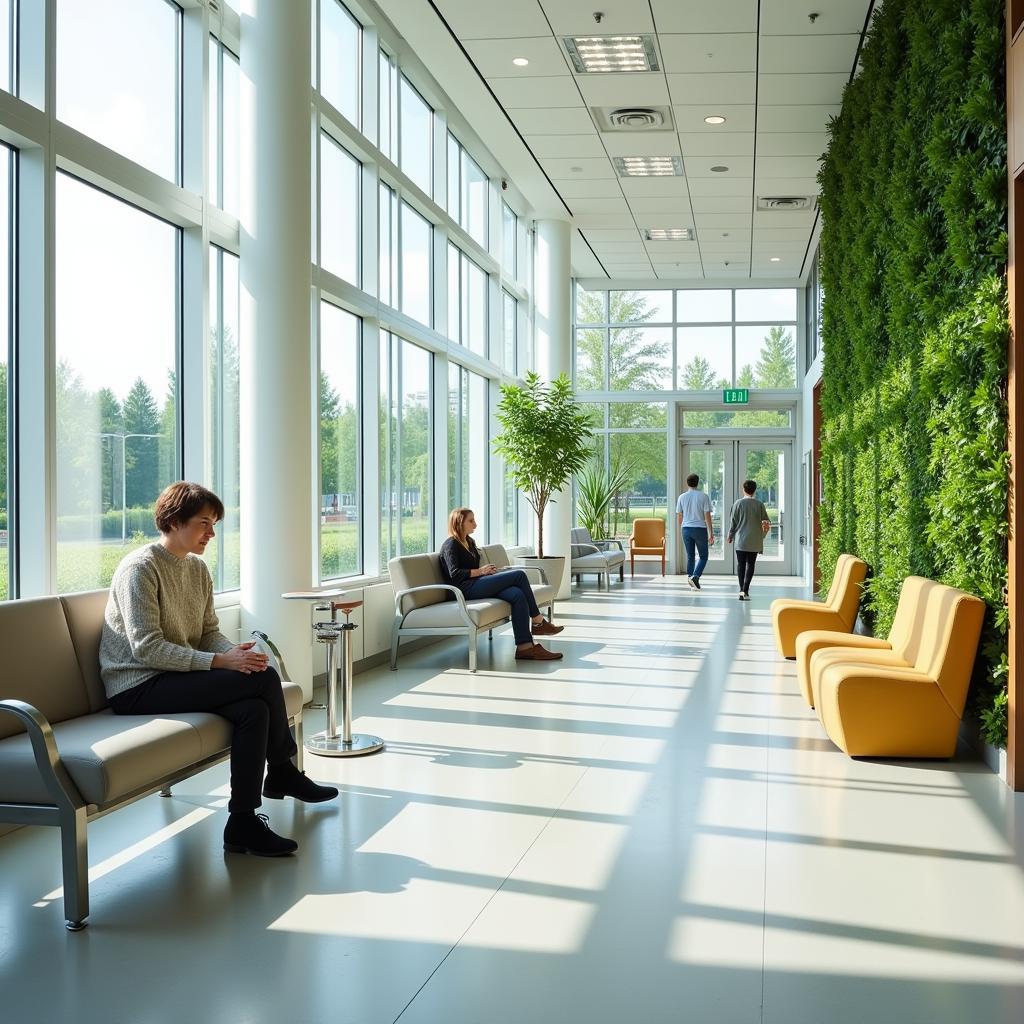 Modern hospital waiting area with natural light and biophilic elements