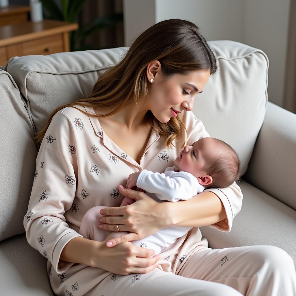 Mom and newborn in comfortable pajamas at home