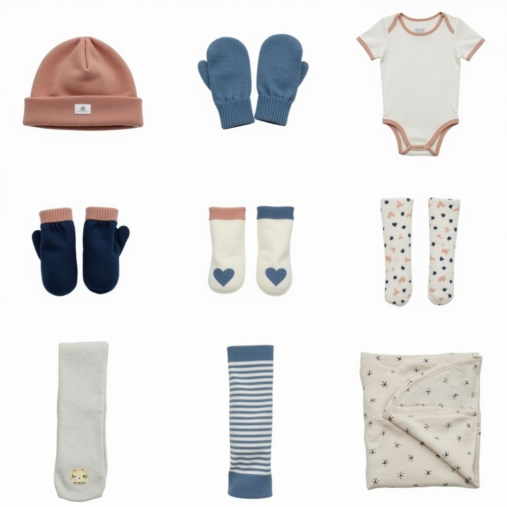 Newborn baby hospital accessories: Hats, mittens, socks, and swaddles in coordinating colors and patterns. 