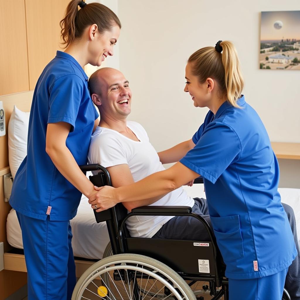 Nursing assistants collaborating in a bustling hospital setting