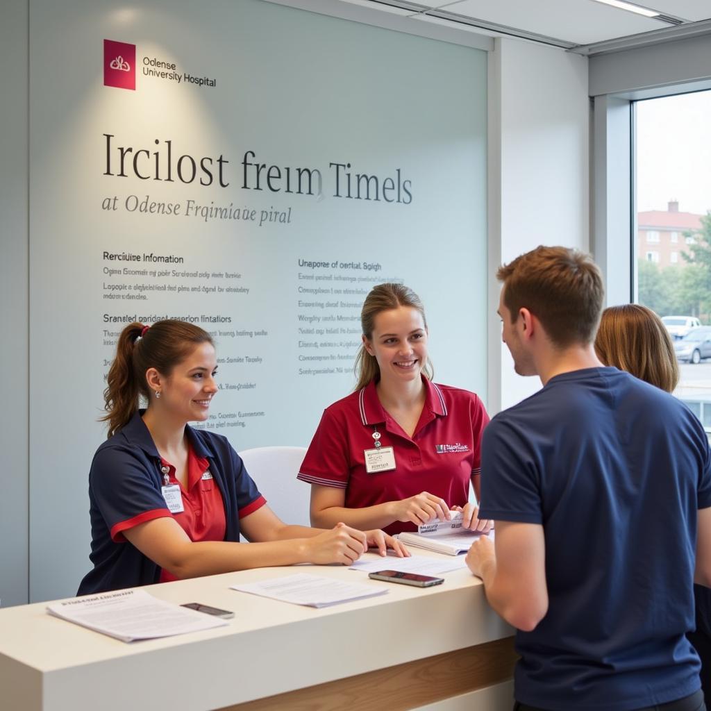 Friendly staff at the information desk of Odense University Hospital assisting patients and visitors.