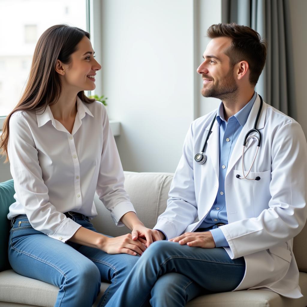 A patient and doctor are engaged in a conversation. This emphasizes the importance of patient comfort and communication during consultations. 