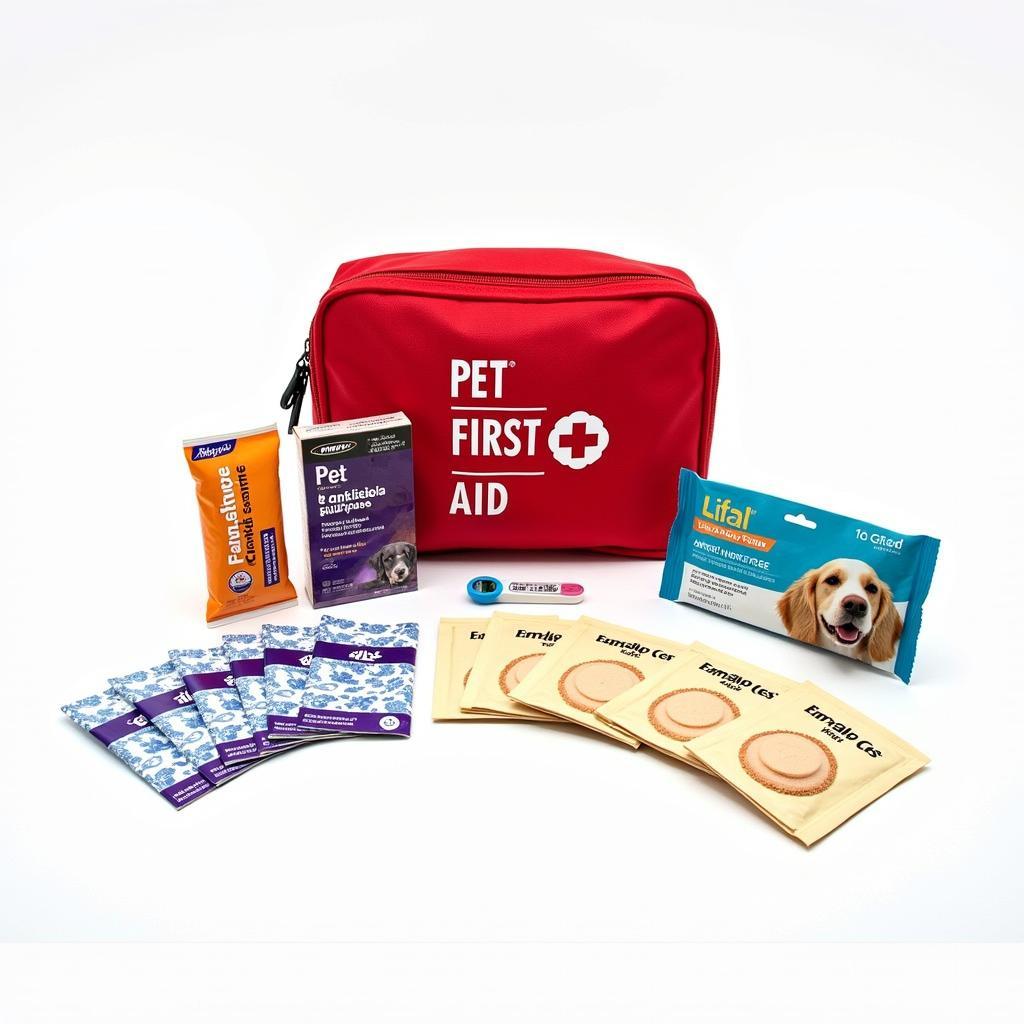 A pet first-aid kit containing essential medical supplies.