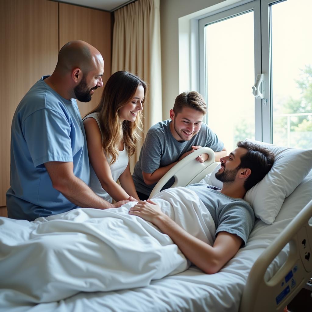 Posey bed hospital: Family members visiting a loved one in a posey bed, highlighting the peace of mind provided by the secure environment.