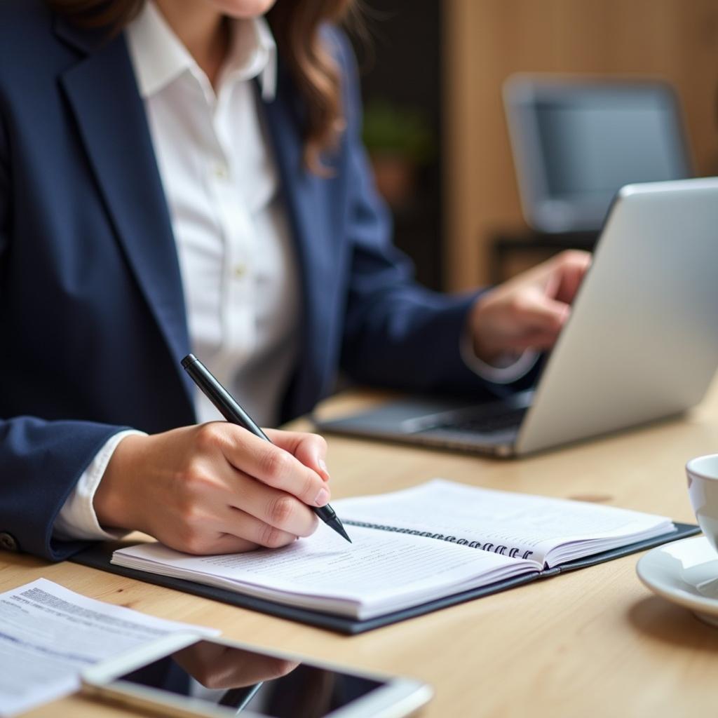 A candidate preparing for an interview by reviewing notes