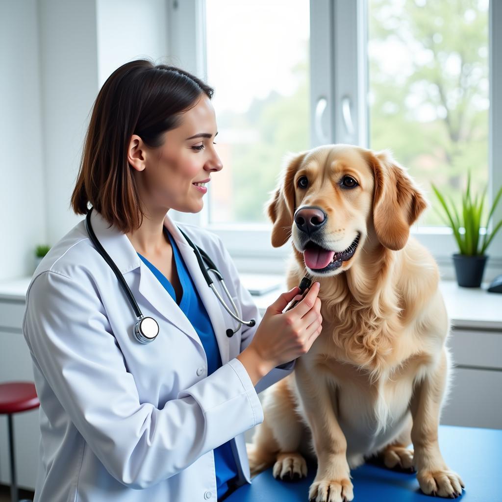 A veterinarian examining a dog in a clean and modern exam room at Ramona Pet Hospital.