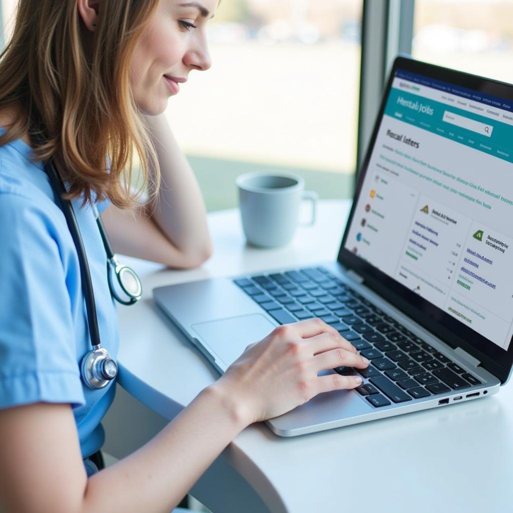 A person is searching for job openings at Santa Rosa Hospital in San Antonio on their laptop. The screen displays a job board with various healthcare positions listed.