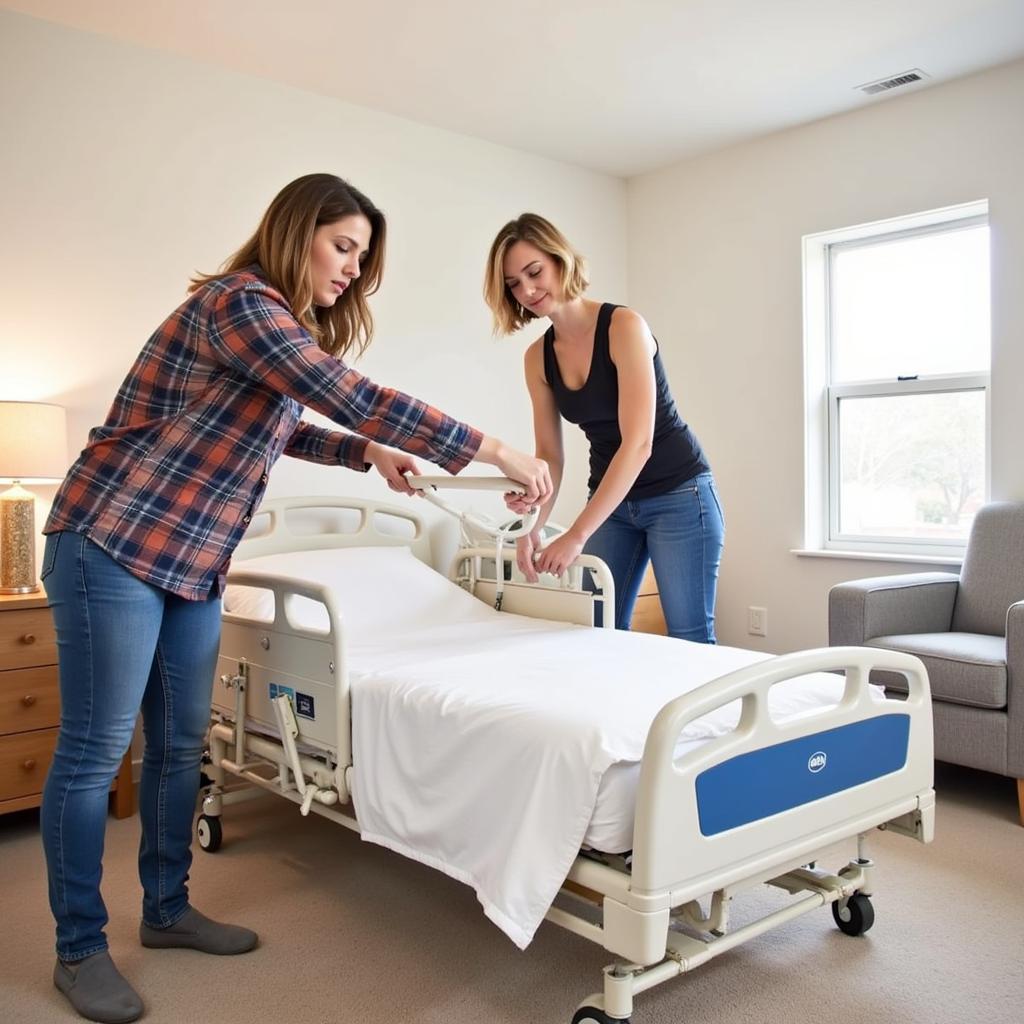 Two people carefully assembling a hospital bed in a home bedroom.