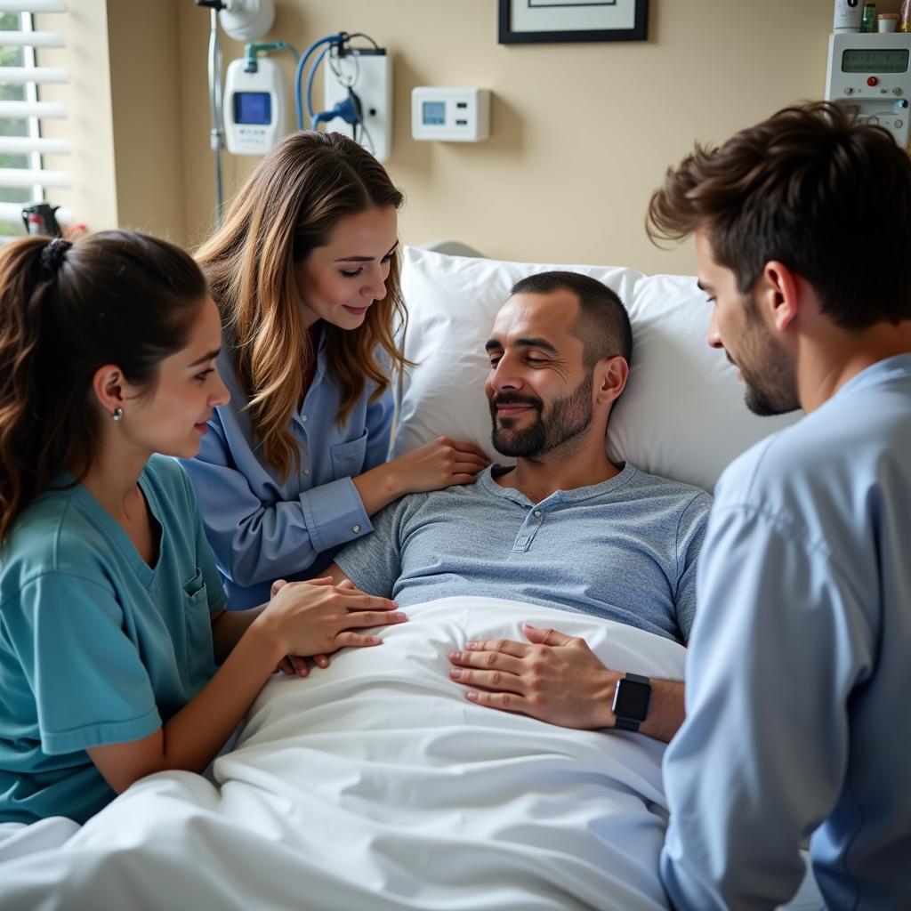 Family and friends supporting a hospitalized man.