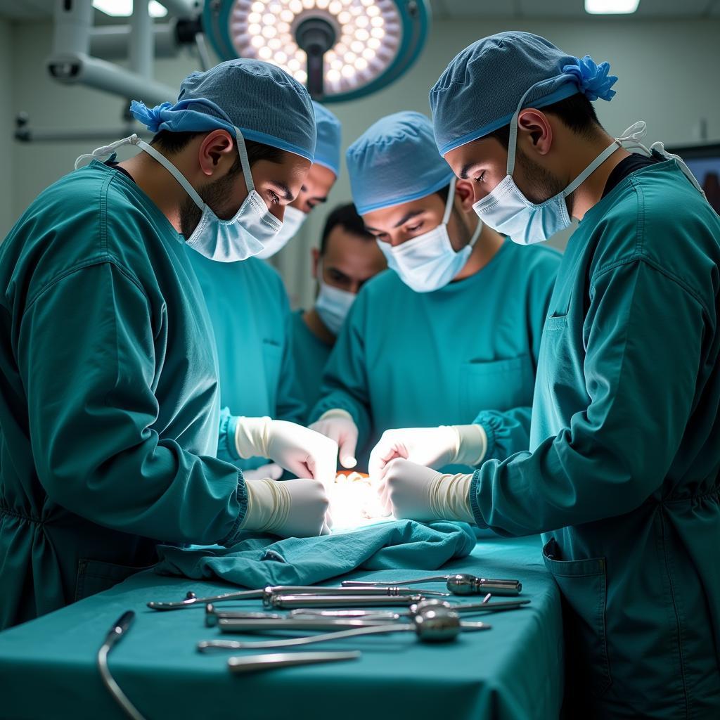 Surgical team performing a complex operation