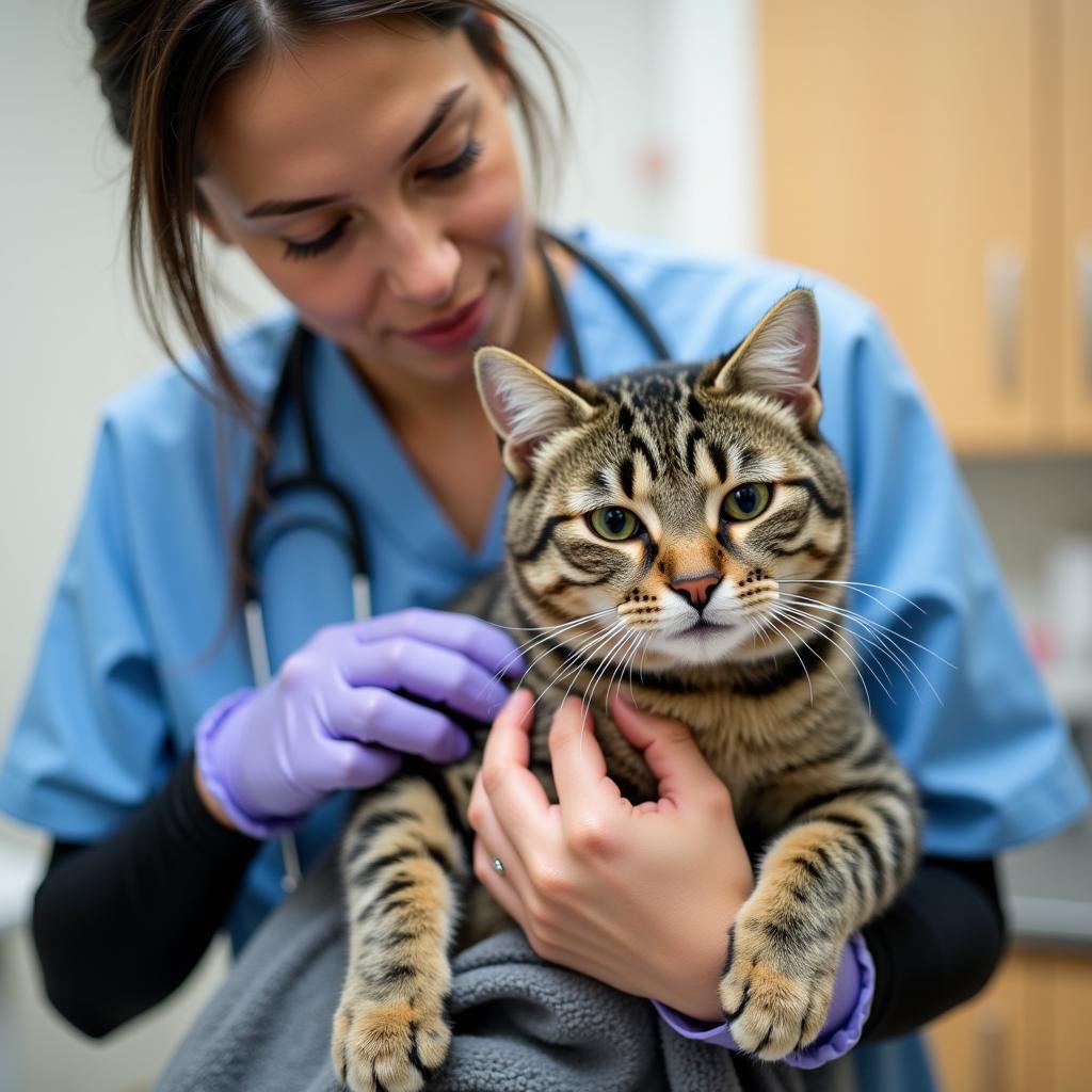 Veterinary technician comforting a cat at a Baldwin Park vet hospital.