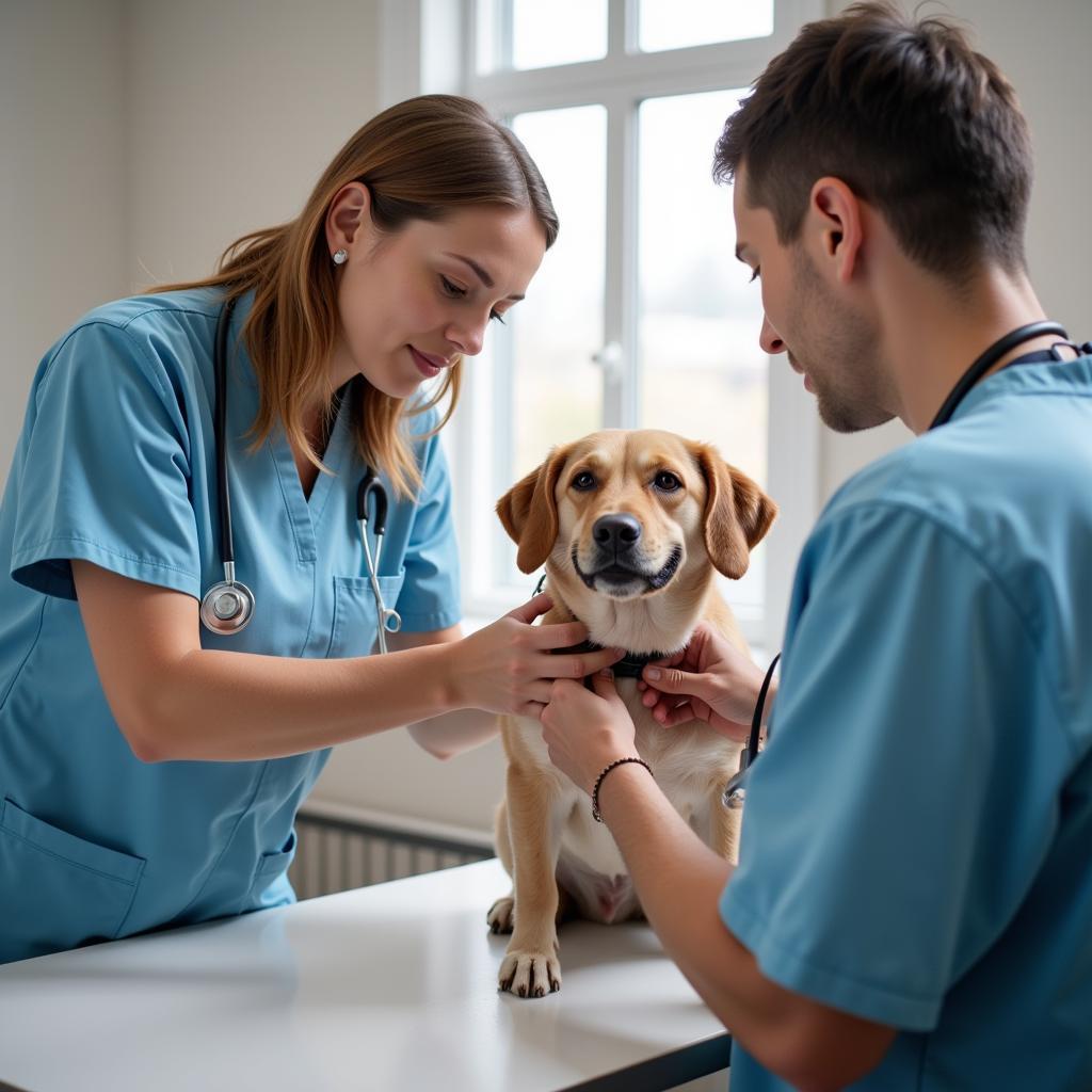 Veterinarian conducting a thorough examination on a friendly dog