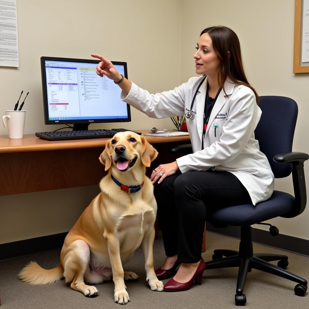 Veterinarian consulting with a pet owner about their dog's health