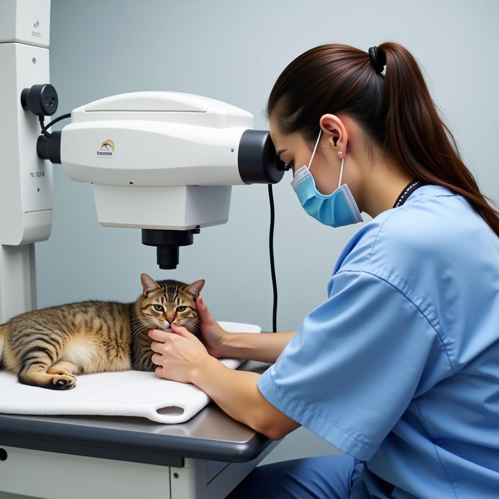 Veterinary Specialist Examining a Cat with Advanced Equipment