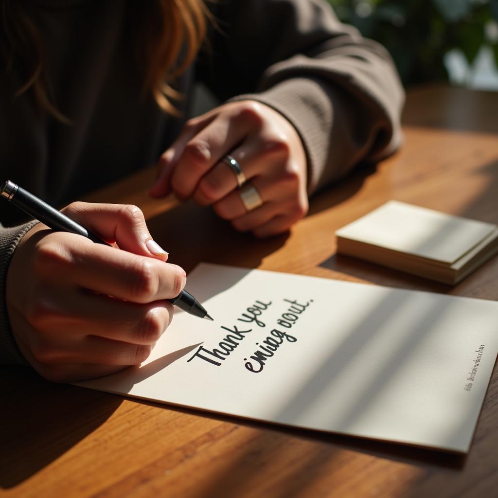 Person writing a thank you note to hospital staff.