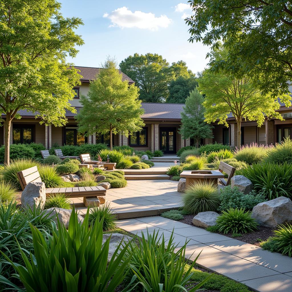 Peaceful meditation garden at Aspen Grove Hospital providing a serene space for reflection and relaxation.