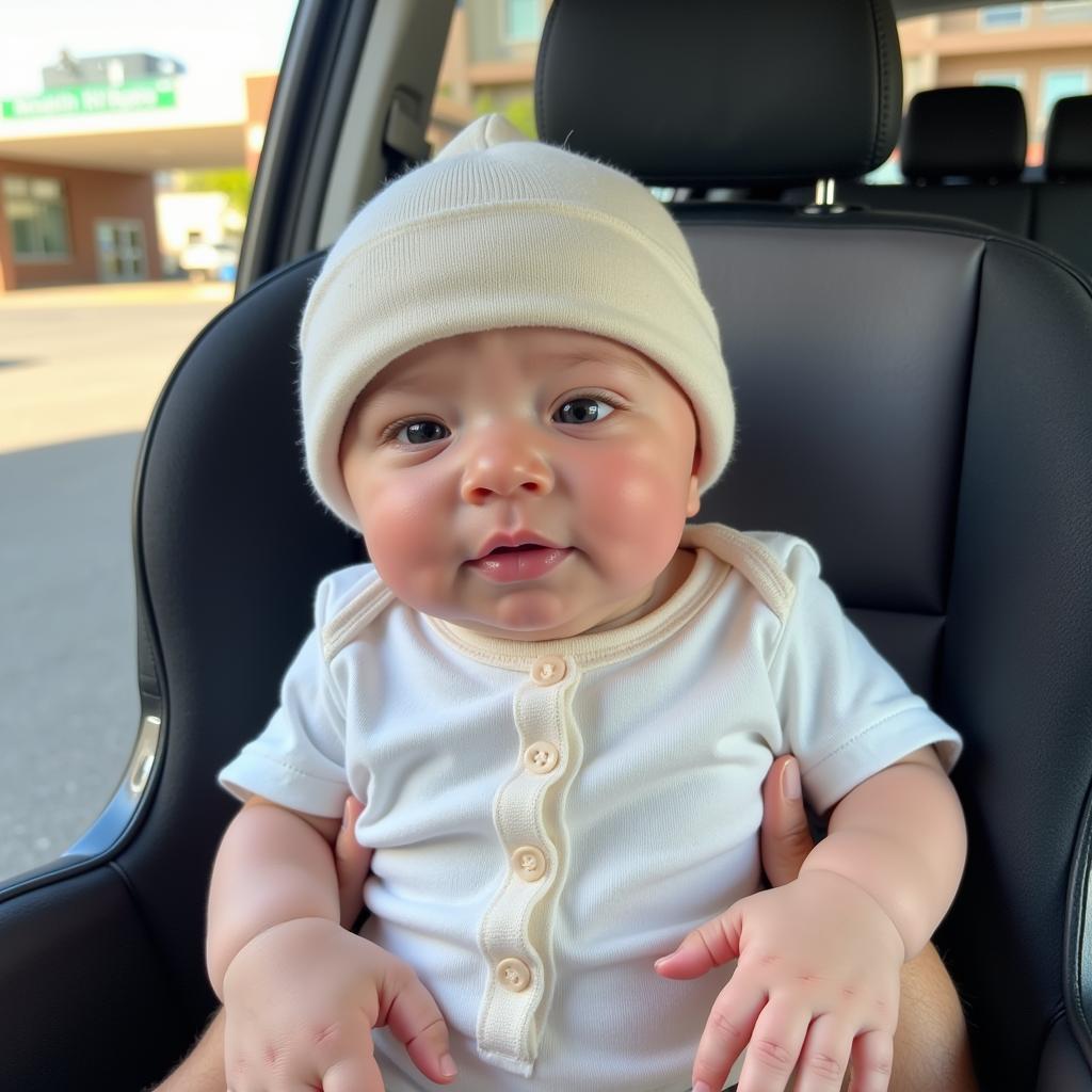 Baby in a lightweight summer outfit leaving the hospital