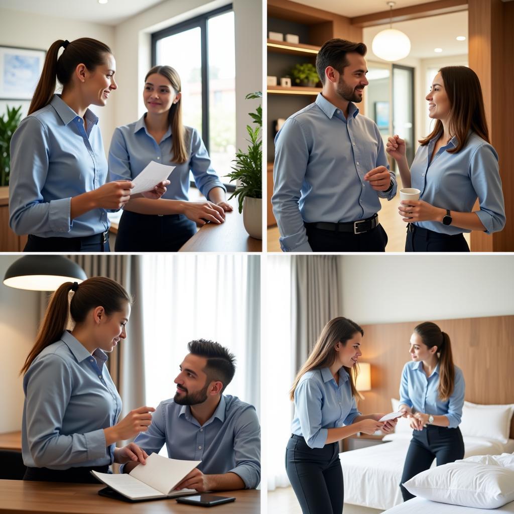 A hospitality operations manager interacting with staff and guests.