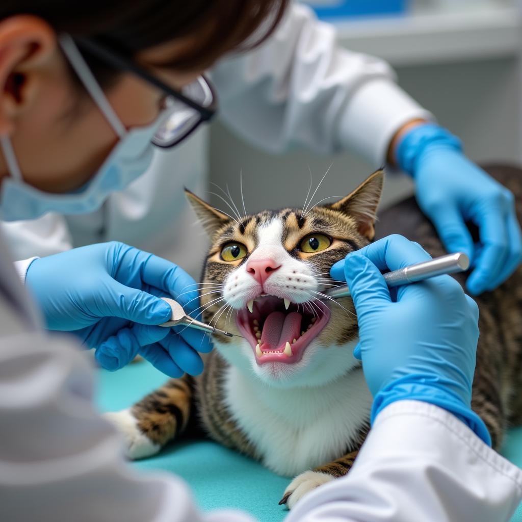 Veterinarian performing dental cleaning on a cat