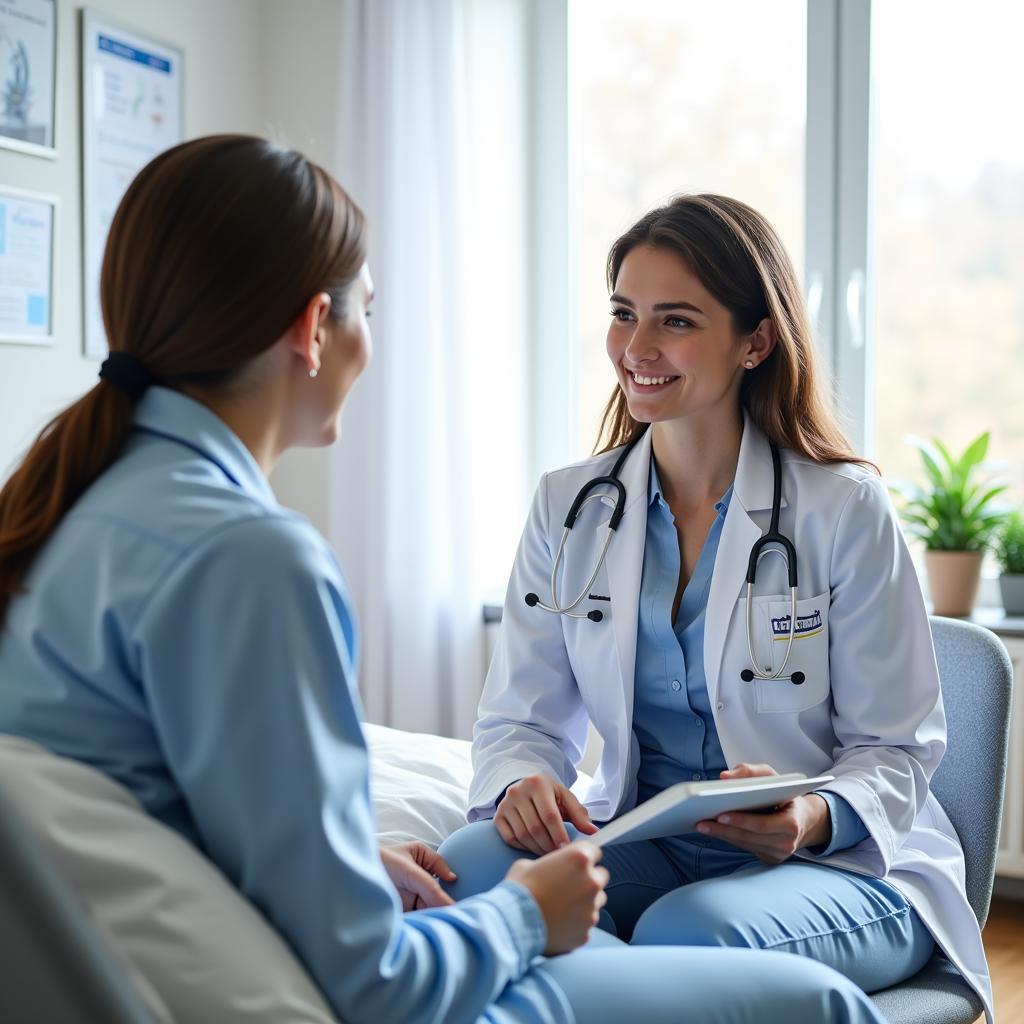 A doctor consulting with a patient in a hospital room