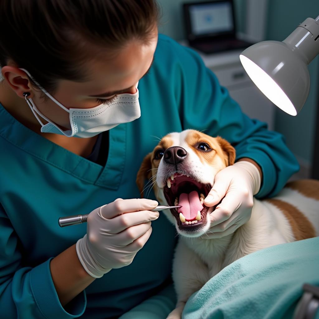 Veterinarian performing a dental cleaning on a dog