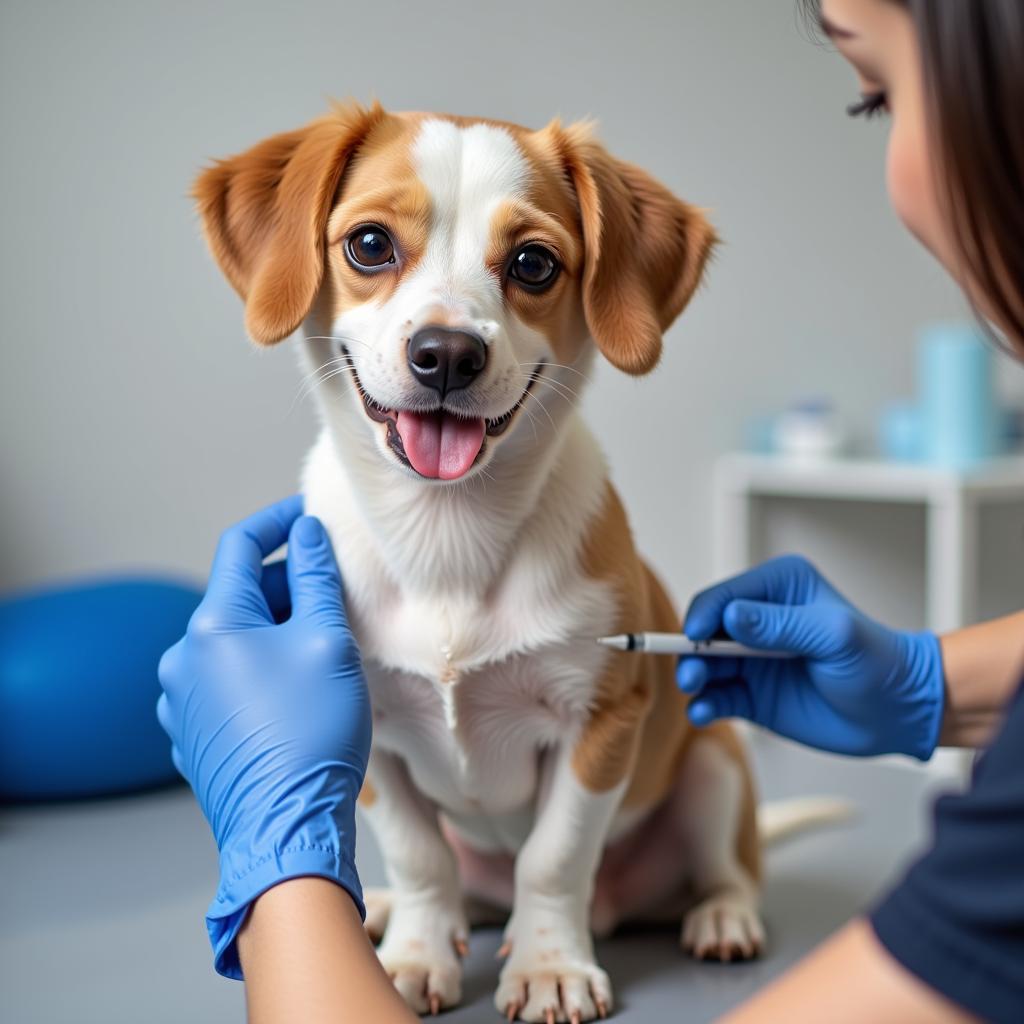 A dog receiving a vaccination at a veterinary clinic