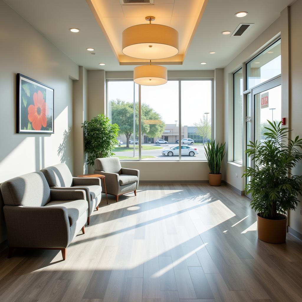 Spacious and modern hospital waiting area with comfortable seating and natural light.