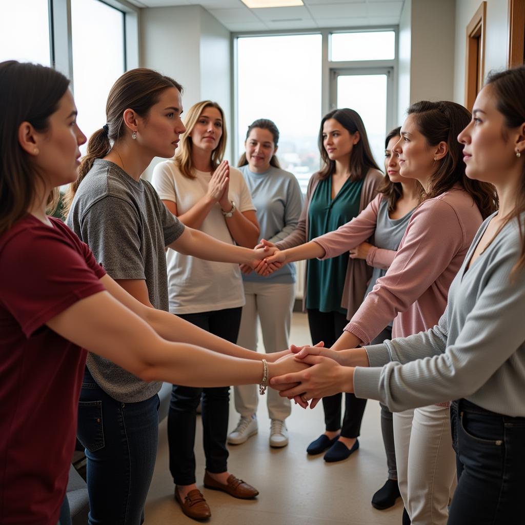 Group prayer offering support in a hospital waiting room