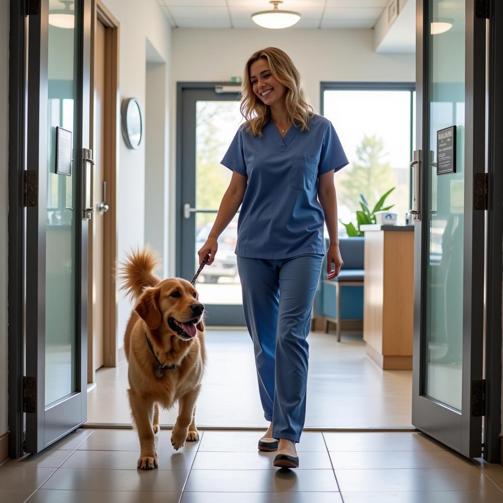 A happy, healthy dog leaving the veterinary clinic with its owner after a successful checkup.