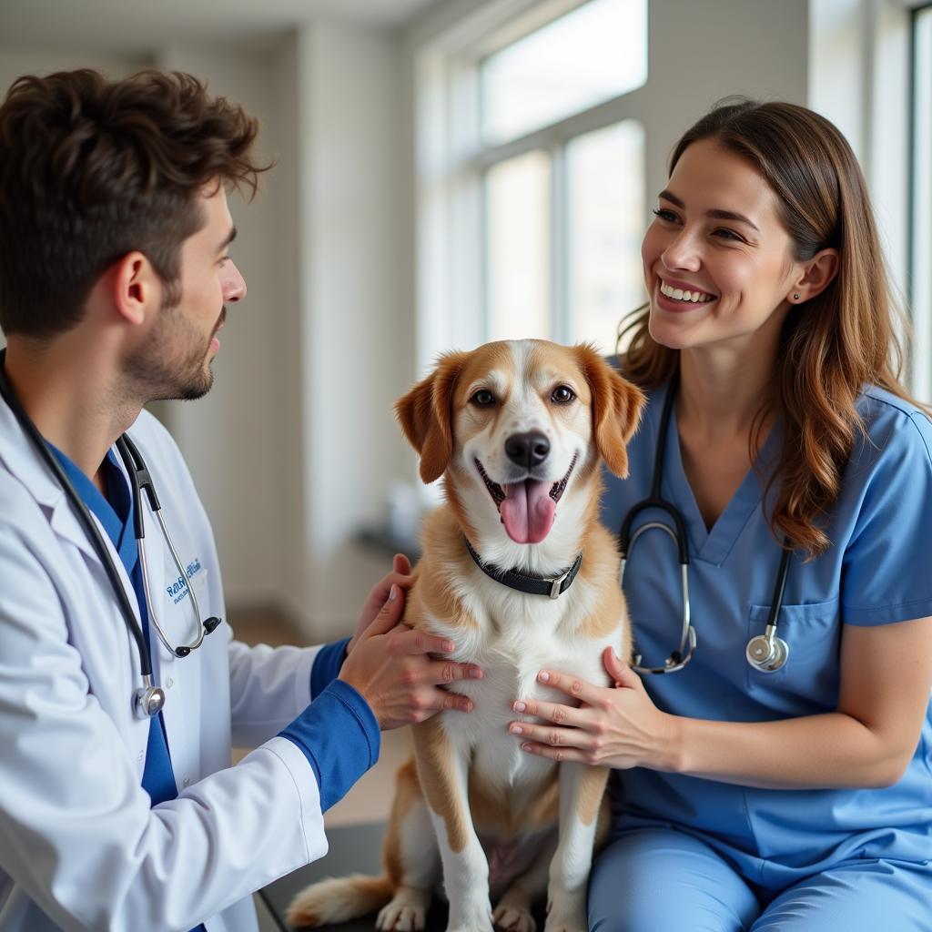 Happy pet owner and veterinarian