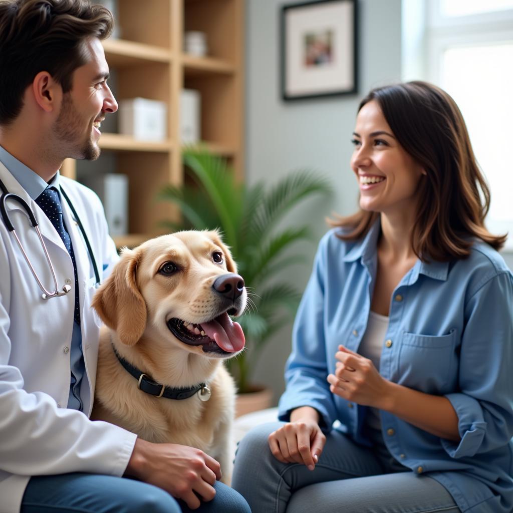 Happy Pet Owner and Veterinarian Discussing Pet's Health