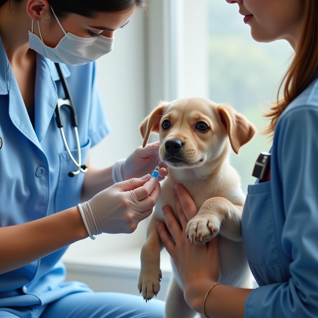 A veterinarian administering a vaccination to a puppy at a Henryetta veterinary clinic.