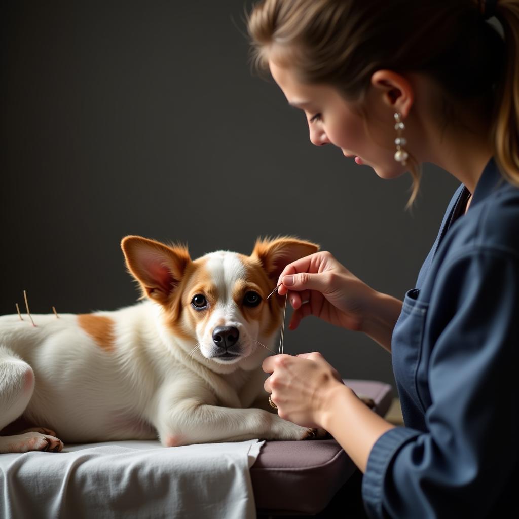 A dog receiving acupuncture treatment at a Lakewood Ranch animal hospital.