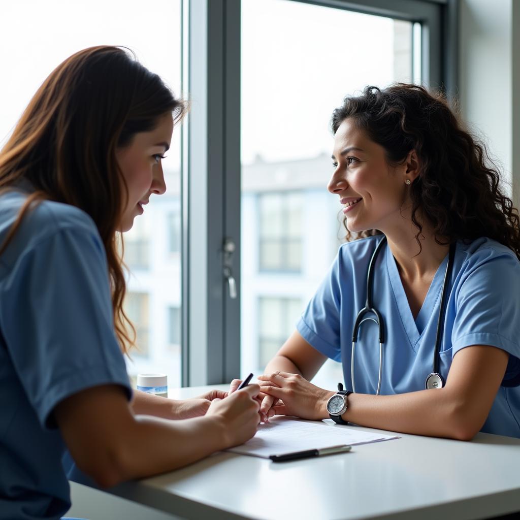 Hospital admitting staff member assisting a patient with paperwork and answering their questions.