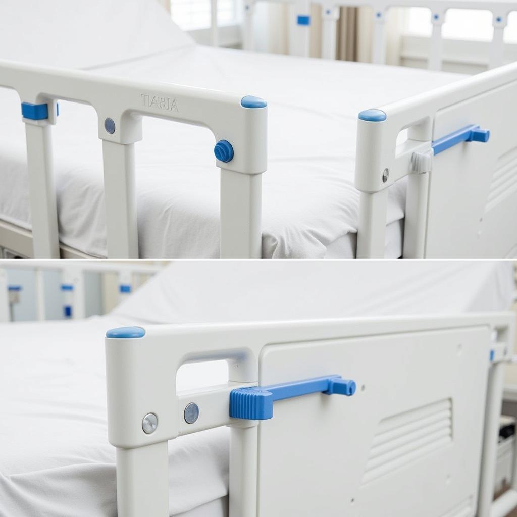 Close-up view of hospital bed rails showcasing safety locking mechanisms