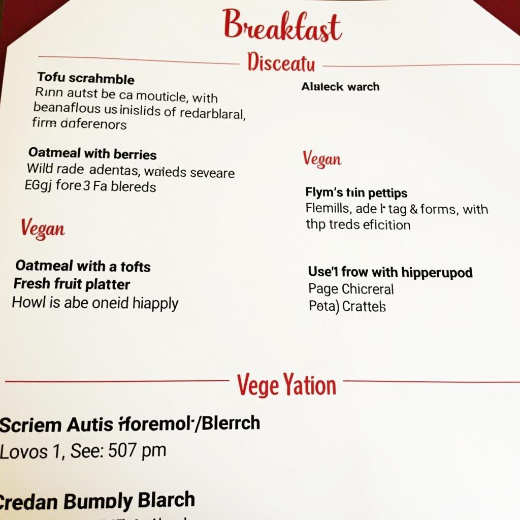 Hospital Breakfast Menu Highlighting Vegetarian Options