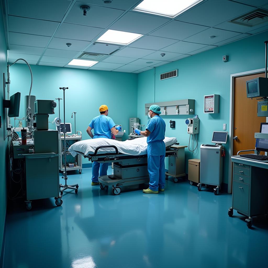 Interior view of a hospital emergency room with medical staff attending to a patient