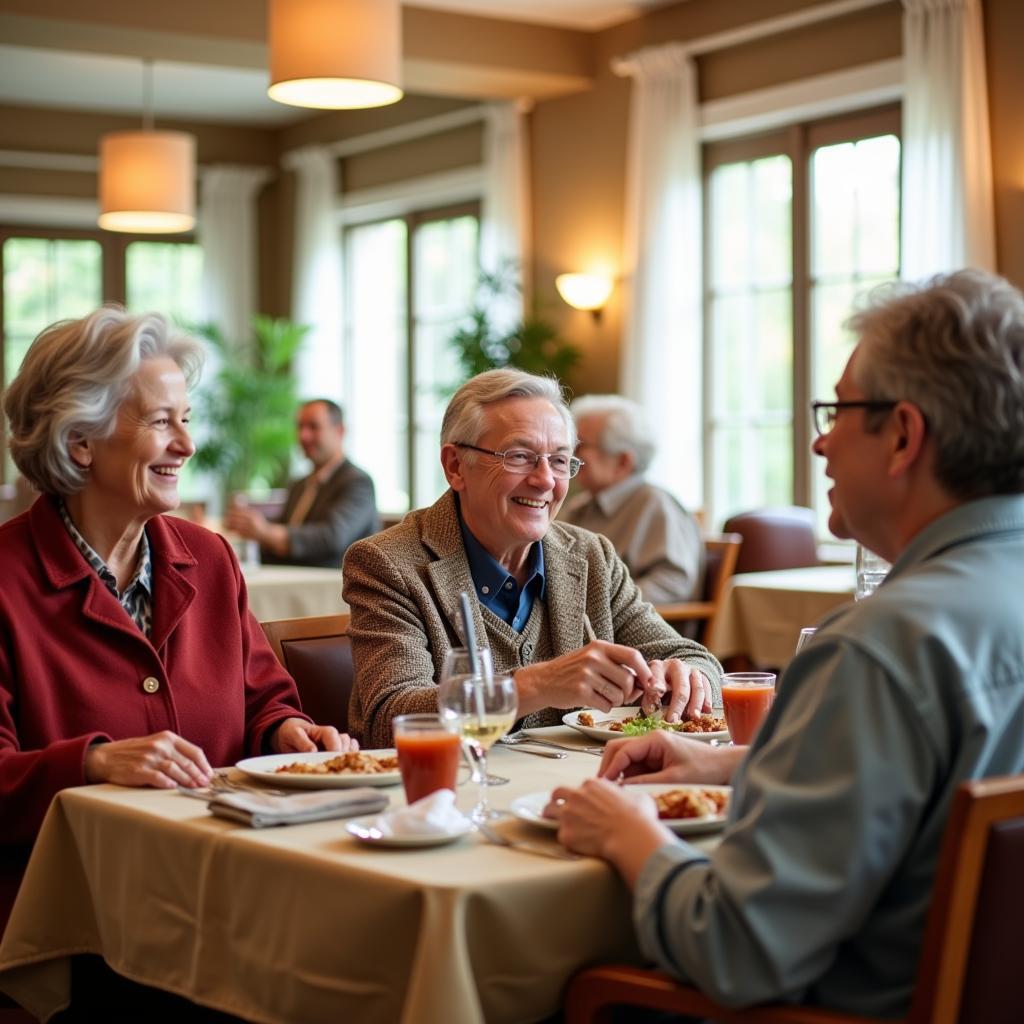 Residents enjoying a meal together in a bright and inviting dining area