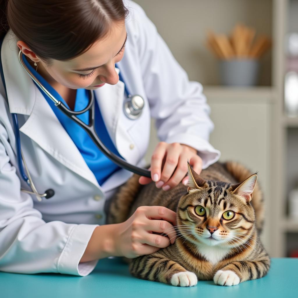 A cat receiving a wellness exam at Kilmarnock Animal Hospital.