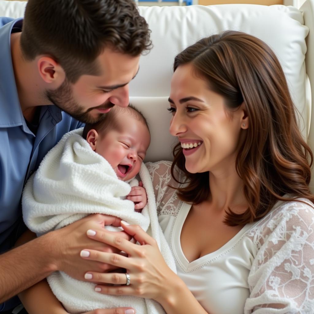 Parents holding their newborn baby in the hospital room.