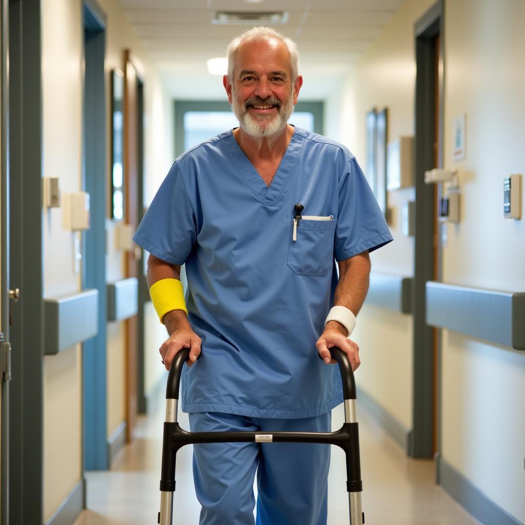 Patient Using Walker with Yellow Wristband