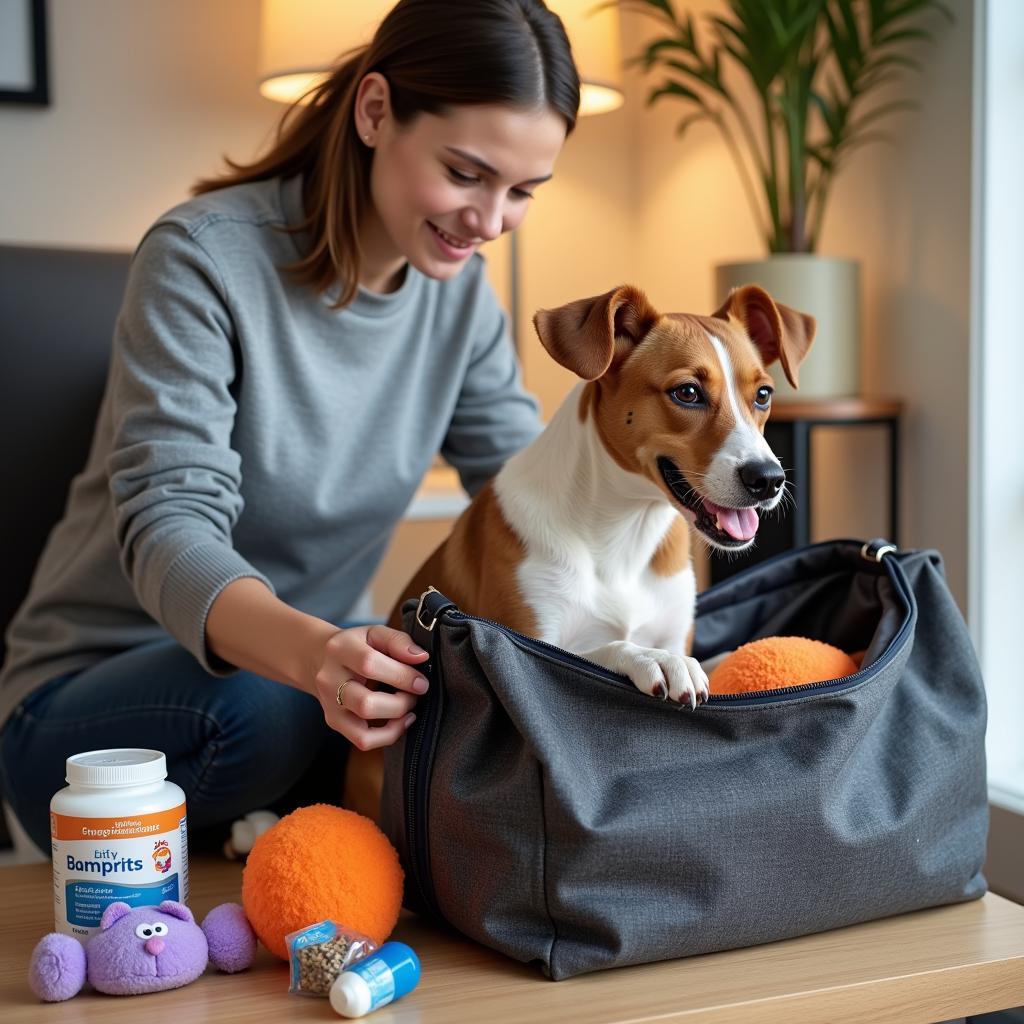 Pet owner packing essentials for their pet's boarding stay