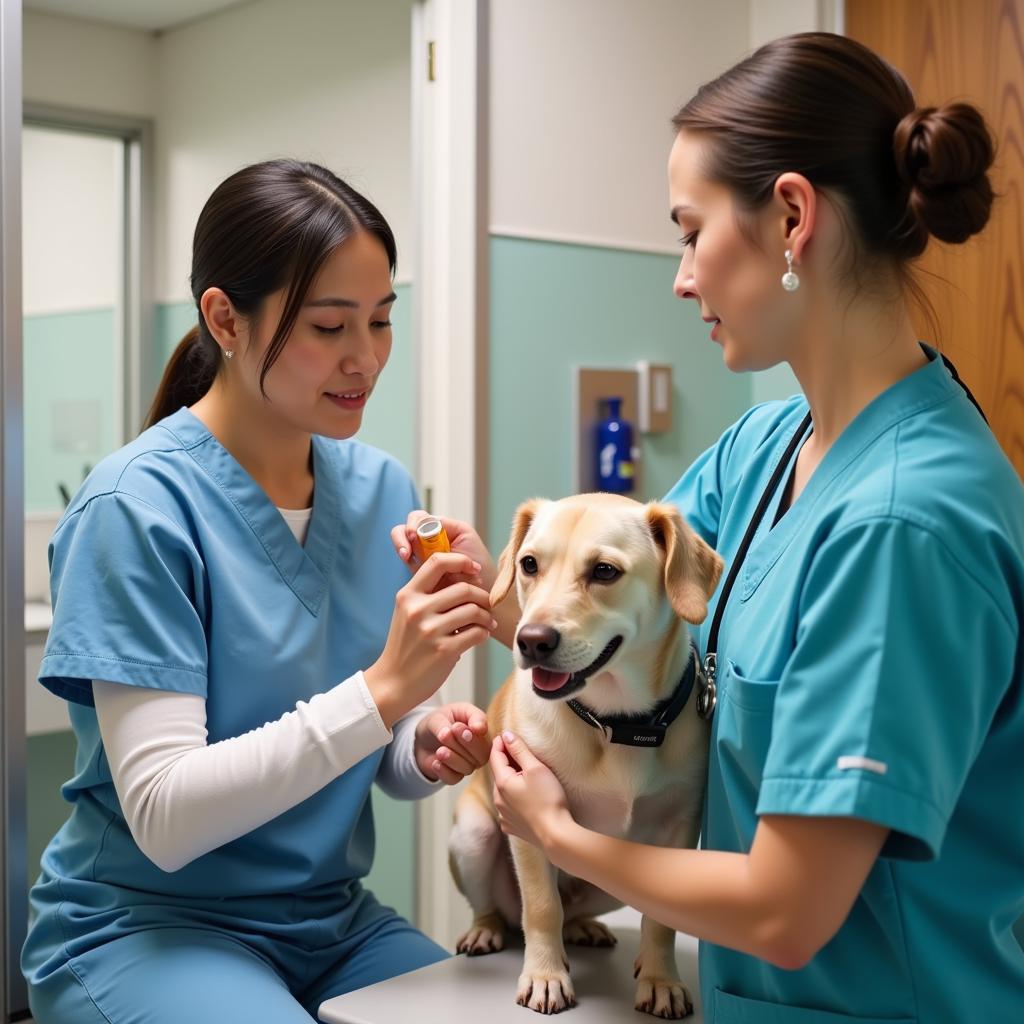 Veterinary technician administering medication to a pet during its stay