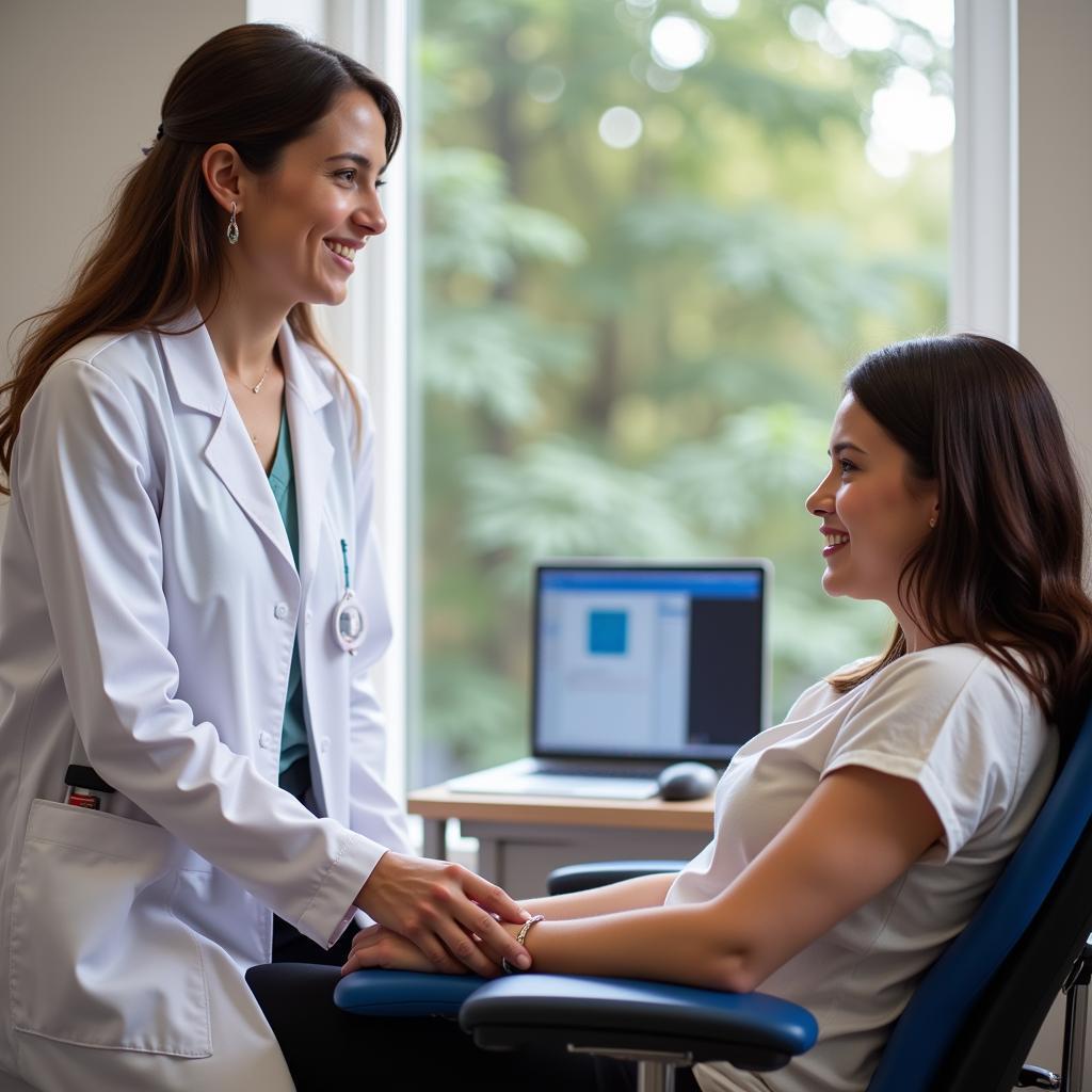 A phlebotomist interacting with a patient before drawing blood