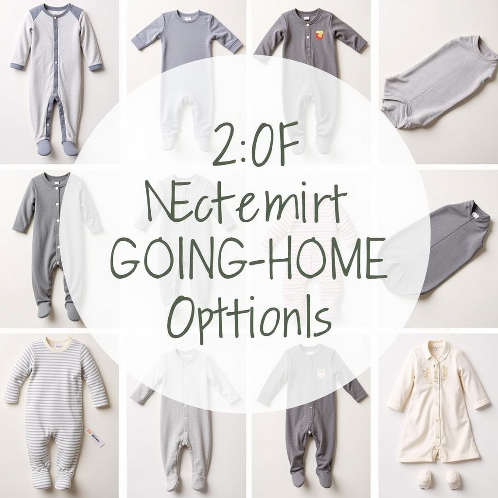 Different types of newborn going-home outfits displayed on a table.