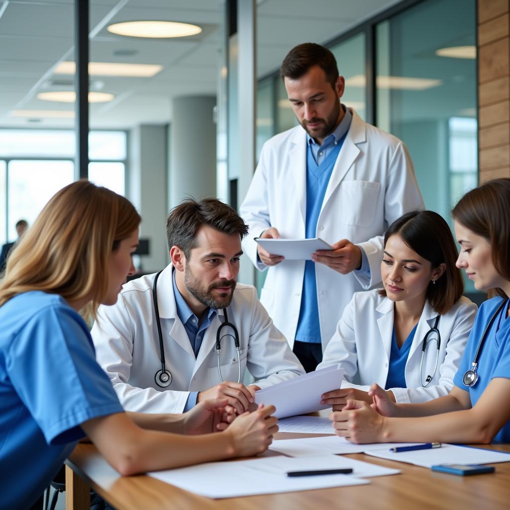 Porterville State Hospital staff members collaborating: A group of healthcare professionals in a meeting room, discussing patient care and treatment plans, demonstrating the collaborative work environment and teamwork.