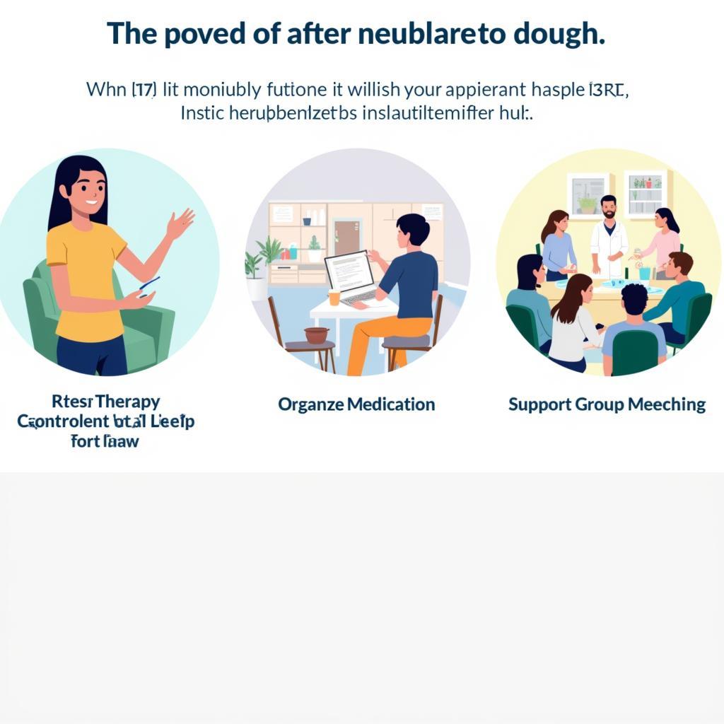 Visual representation of post-hospitalization anxiety management strategies, including therapy sessions, medication adherence, and support groups.