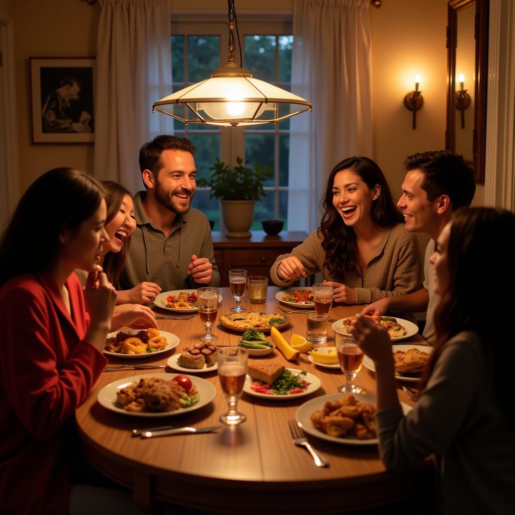 A group of people gathered around a table, sharing a meal and engaging in conversation, demonstrating the joy and connection fostered by hospitality.