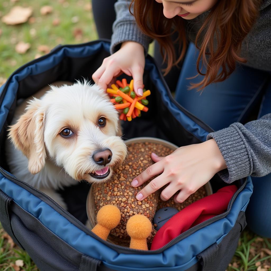 Pet owner packing a bag with food, toys, and medication for their pet's boarding stay